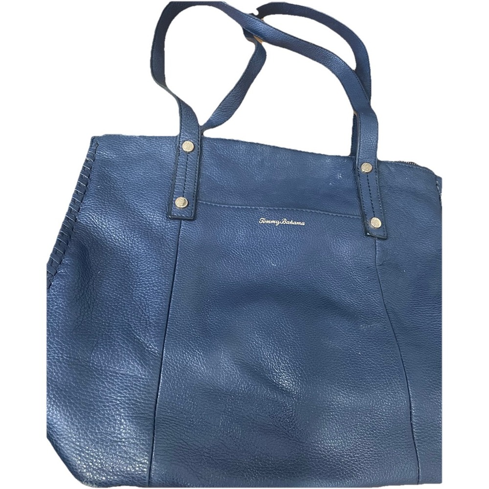 Tommy Bahama Navy Blue Pebbled Leather Shoulder Zip Bag Pockets Gold Hardware